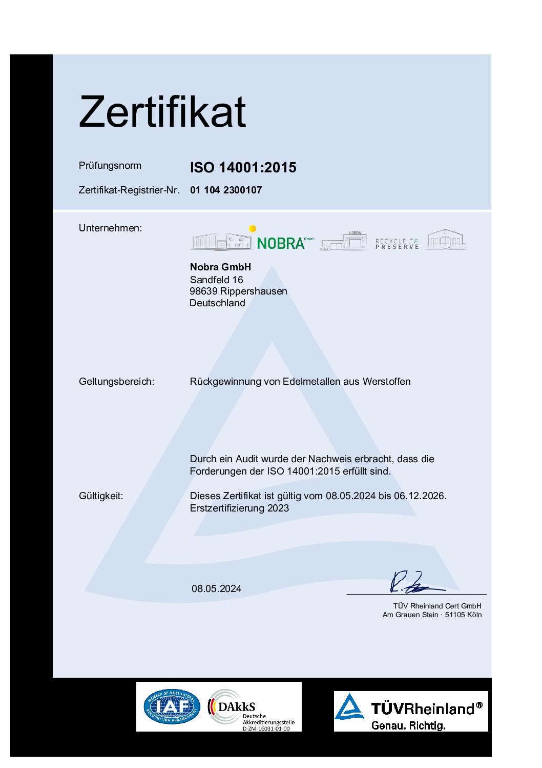 NOBRA Zertifikat ISO 14001