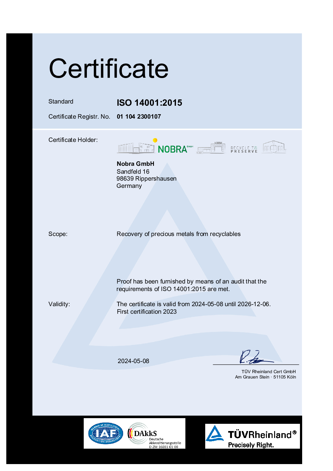 NOBRA Certificate ISO 14001