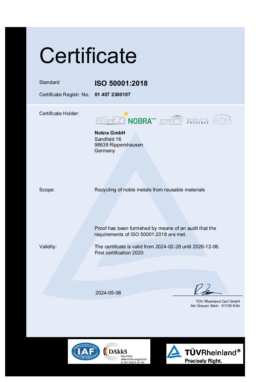 NOBRA Certificate ISO 50001